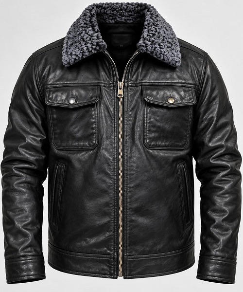 Black Shearling Collar Leather Bomber Jacket