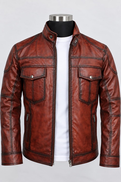 Brown Distressed Leather Utility Jacket
