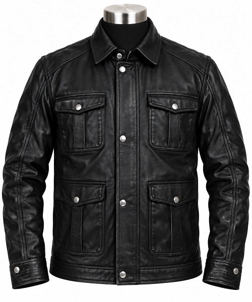 Black Leather Four Pocket Jacket