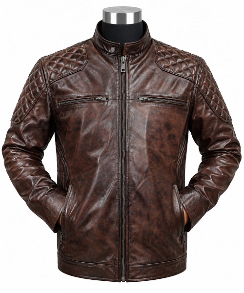 Brown Quilted Shoulder Leather Jacket