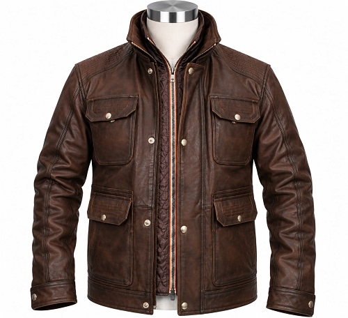 Brown Leather Four Pocket Field Jacket