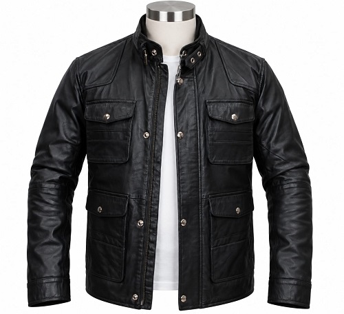 Black Leather Four Pocket Utility Jacket