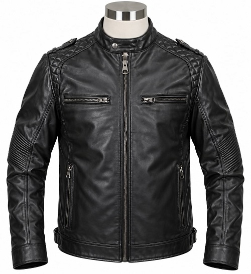 Black Quilted Shoulder Leather Biker Jacket
