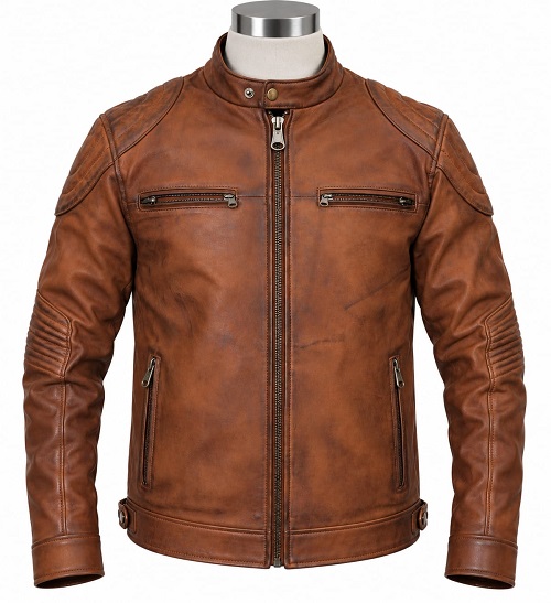 Vintage Cognac Brown Leather Biker Jacket