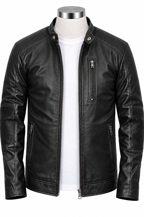 Black Ribbed Panel Leather Motorcycle Jacket