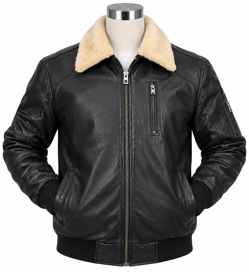 Black Shearling Collar Leather Bomber Jacket
