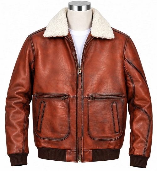 Cognac Brown Shearling Collar Leather Bomber Jacket