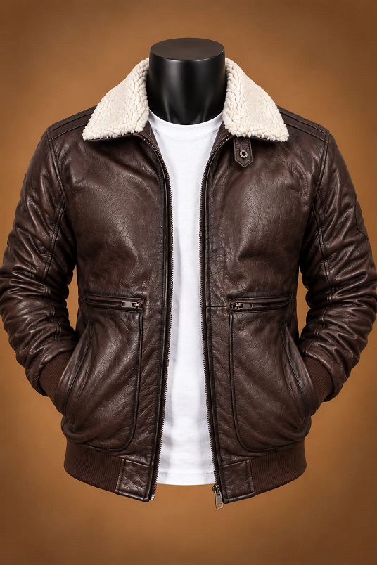 Brown Shearling Collar Leather Bomber Jacket
