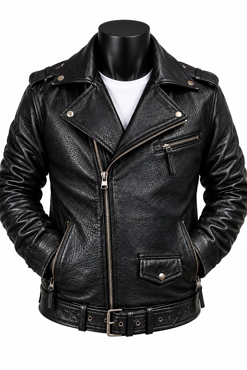 Black Crocodile Texture Leather Biker Jacket