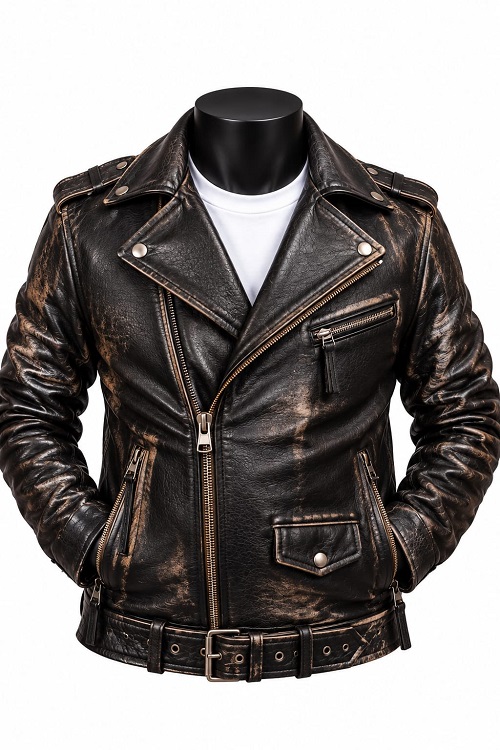 Black Distressed Leather Biker Jacket