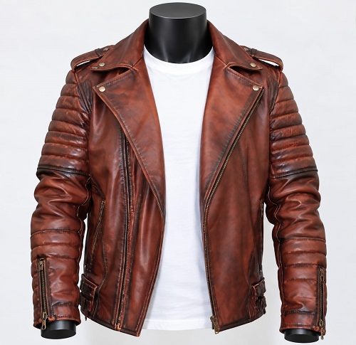 Brown Distressed Leather Biker Jacket