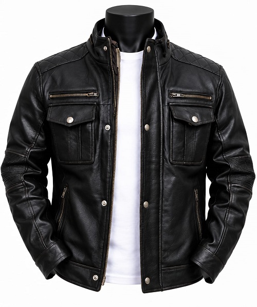 Black Quilted Leather Biker Jacket