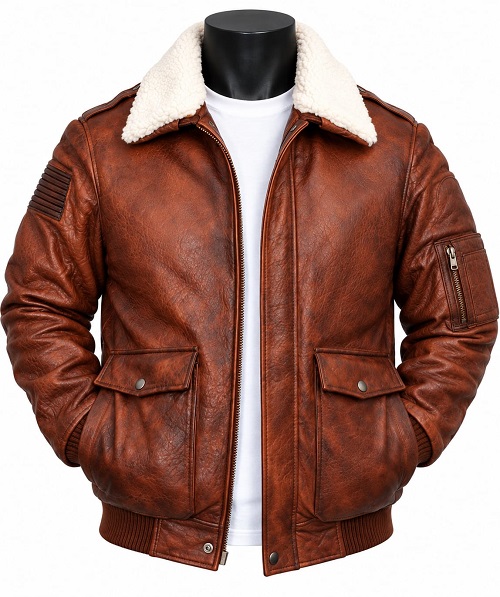 Brown Leather Bomber Jacket
