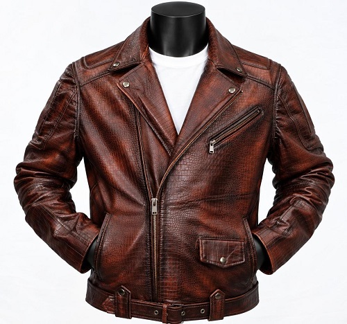 Brown Crocodile Texture Leather Jacket
