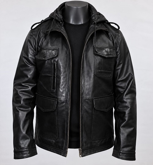 Black Hooded Leather Jacket