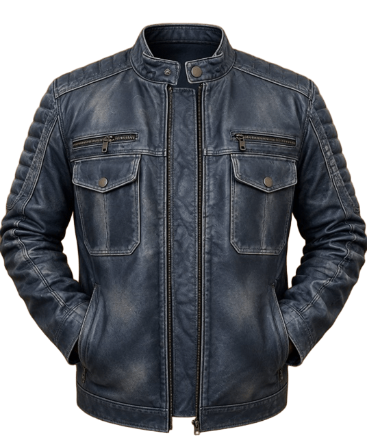 Navy Blue Distressed Leather Jacket