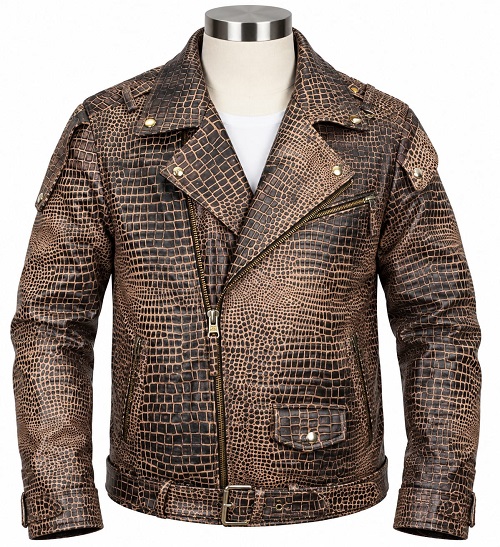 Crocodile Embossed Brown Leather Biker Jacket